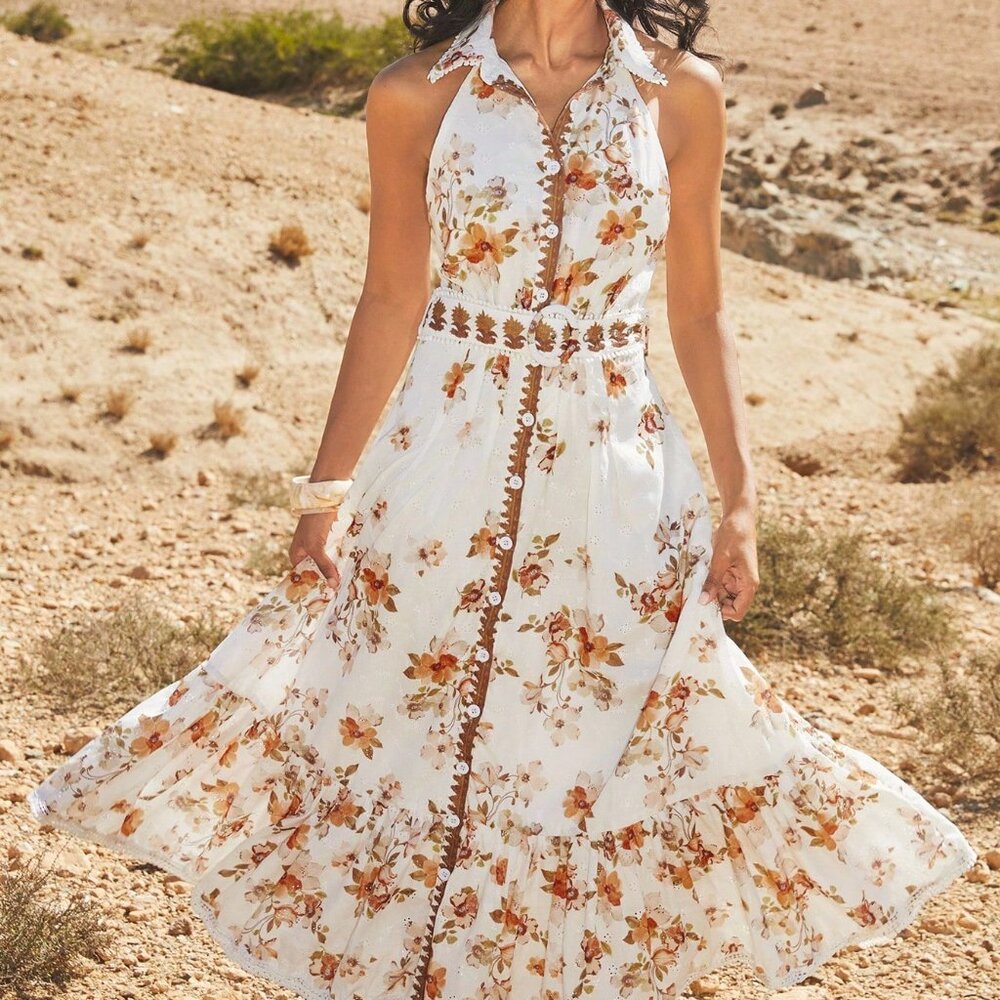 Orange Elegant Women's Sleeveless Floral Print Dress - Picture 6 of 13